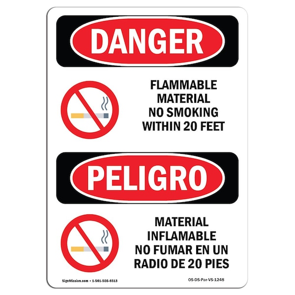Safety Sign, OSHA Danger, 24" Height, Aluminum, Flammable Material No Smoking Spanish